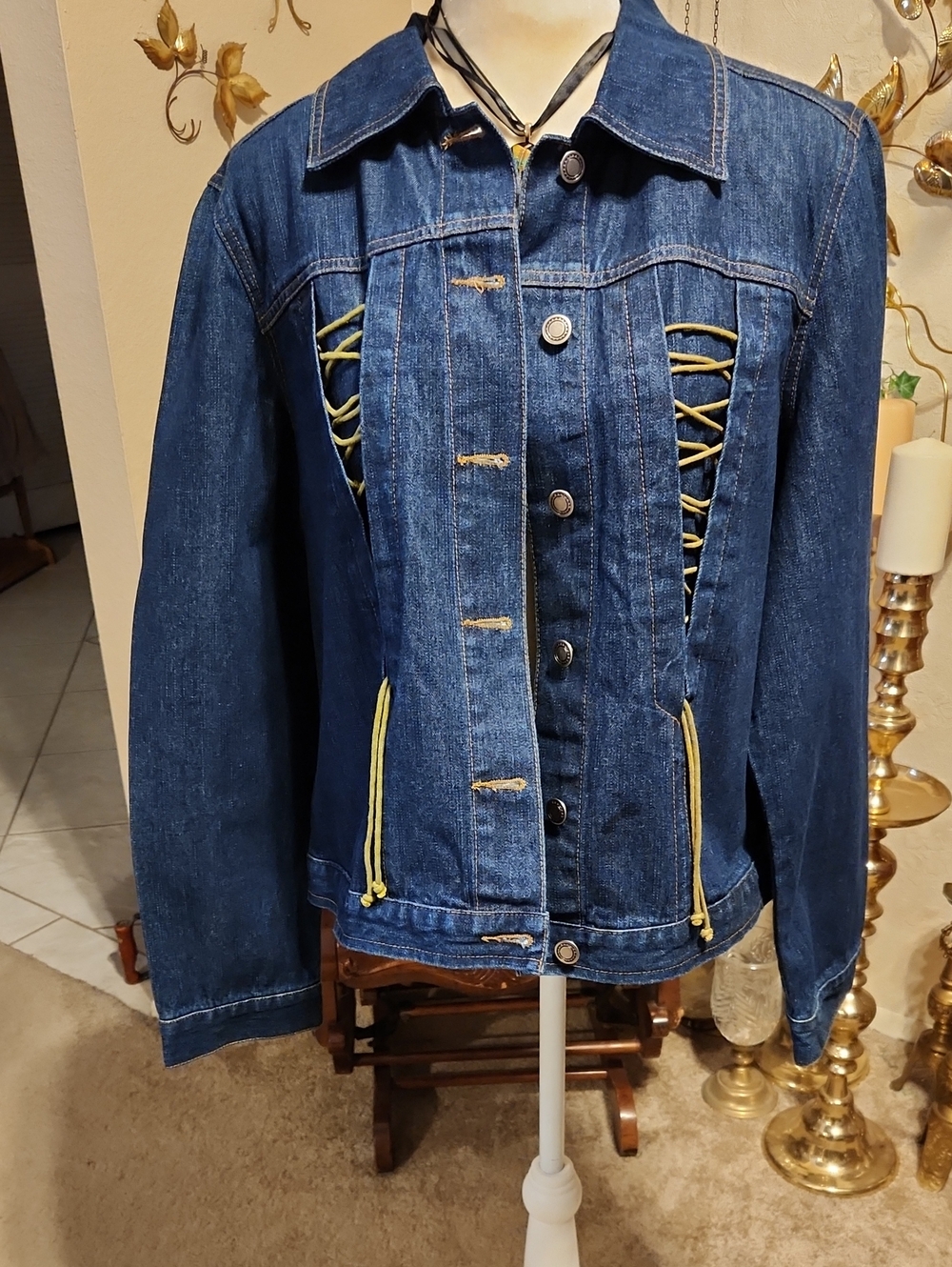 Faded Glory Blue Denim Jacket with Green Lace-Up Detail